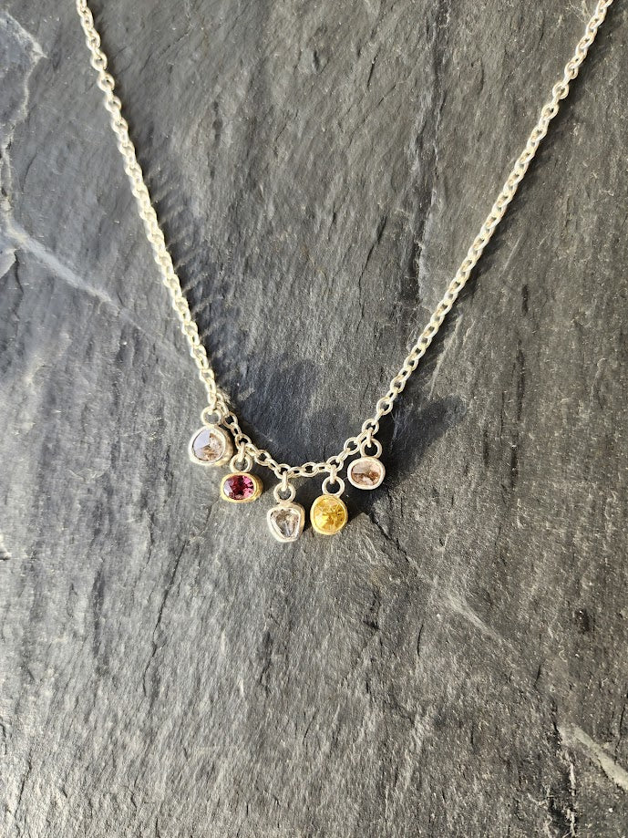 Five Stone Necklace with Diamonds and Sapphires