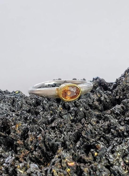 Golden zircon on forged shank ring